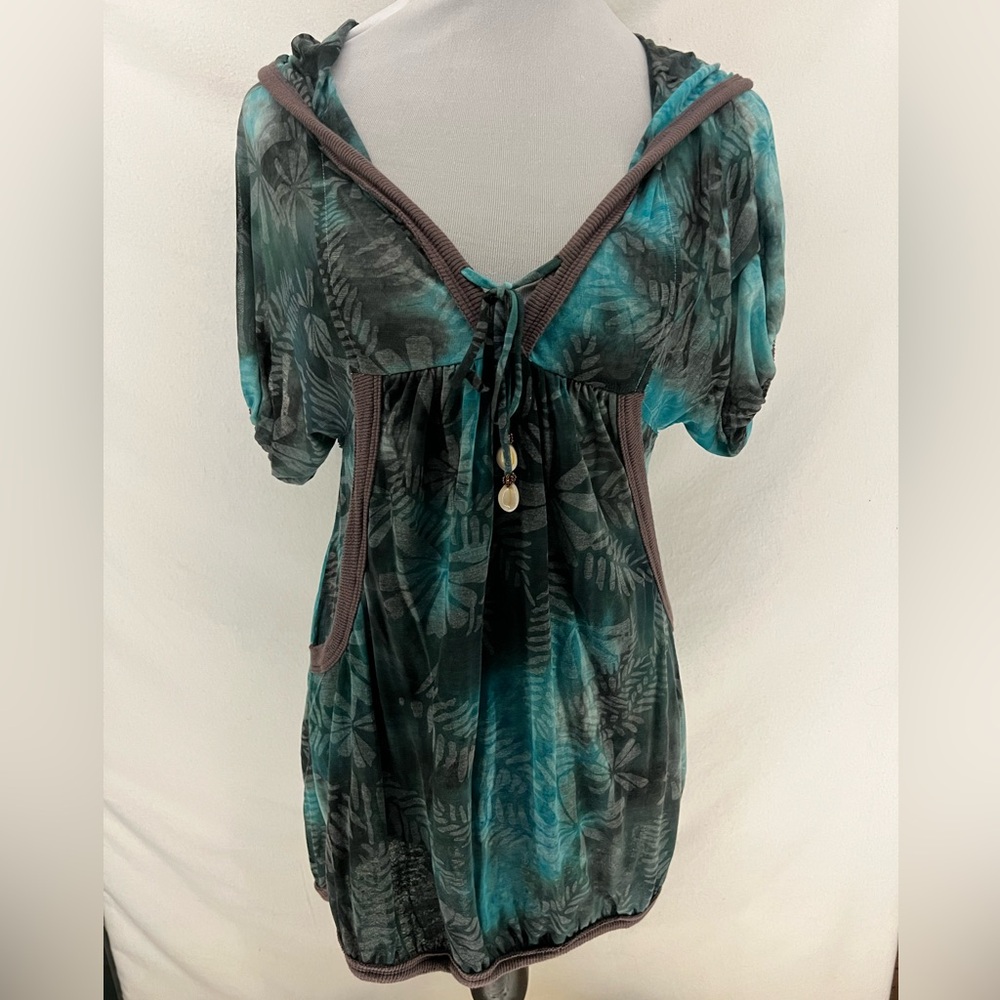 NWT Y2K Miss Me Sheer Blue & Gray Hooded Swimsuit Cover Up Top Size S Beach Boho